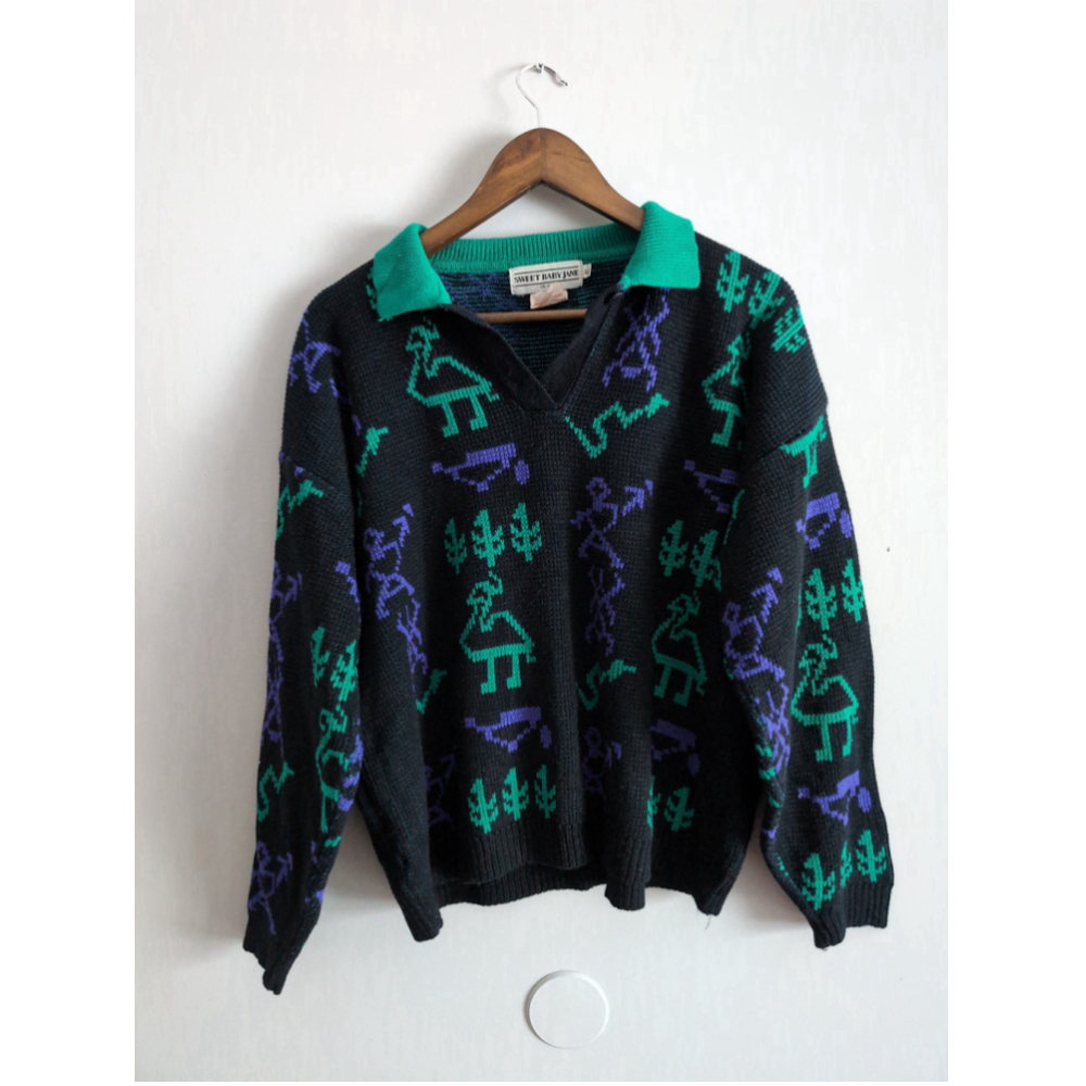 Sweet Baby Jane Alpaca Animal Print Sweater Aztec Women Sz L Waffle Knit Comfy